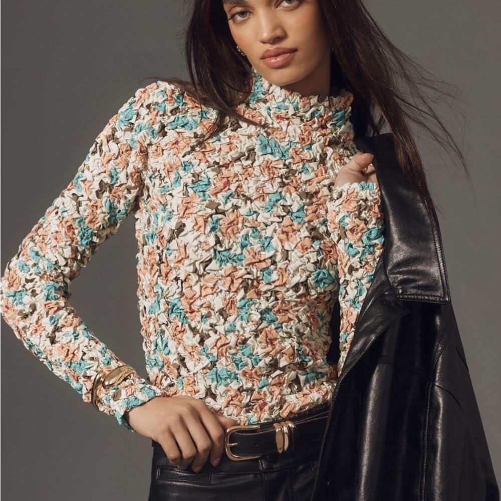 NWT Anthropologie DOLAN Turtleneck Top XS Printed Pebble Smocked